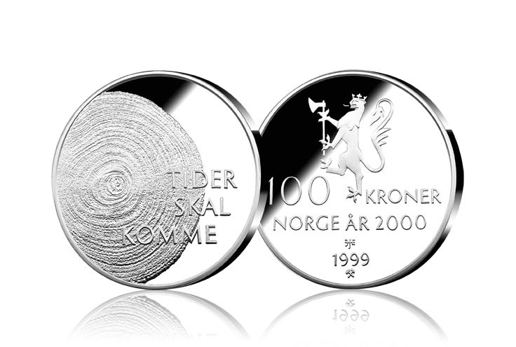 Tusenårsmynten i sølv, advers og revers side Tusenårsmynten i sølv, advers og revers side